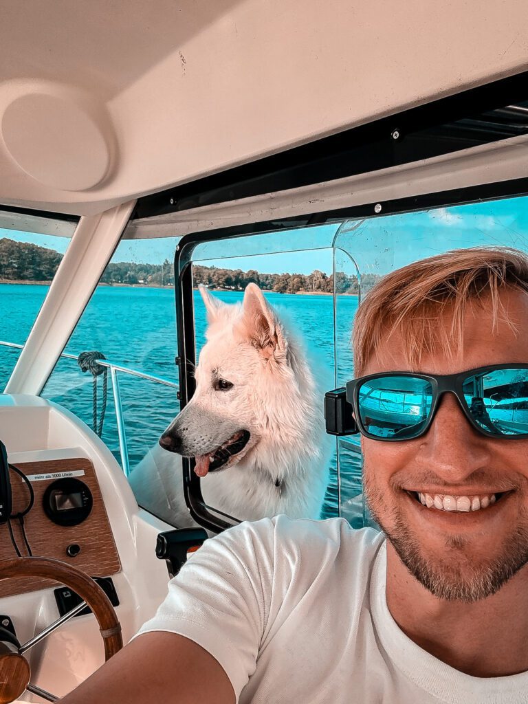 Boot mit Hund in der Mecklenburgischen Seenplatte, der Hund schaut in die Fahrerkabine